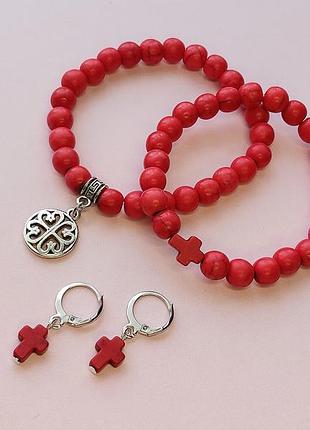 Сет (2 браслета и серьги) "конюшиная красная"