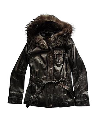Шкіряна куртка з натуральної шкіри та чорнобурки з капюшоном і поясом натуральна шкіра розмір с
