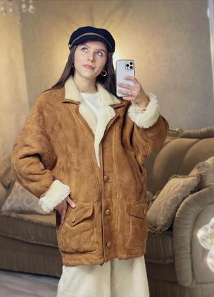 Брендова коротка подовжена натуральна шкіряна дублянка шуба овчина пальто з натуральної шкіри