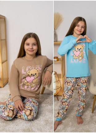 Тепла піжама з ведмедиком фемілі лук, утеплена піжама на байці, домашній костюм з ведмедиком
