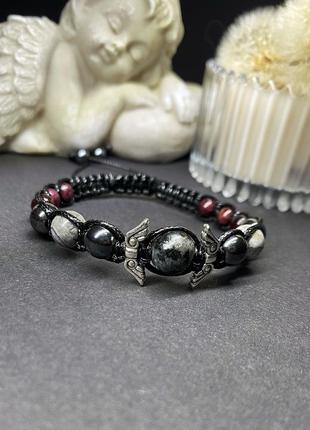 Браслет-шамбала: крила, гранат, гематит,яшма,лабрадор