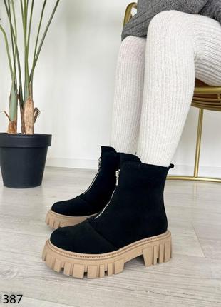 Жіночі чорні замшеві черевики демісезонні черевики на байку натуральна замша весна