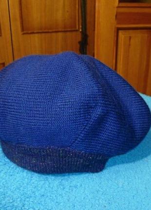 Вовняний жіночий берет синій підкладка з мериноса, вінтаж