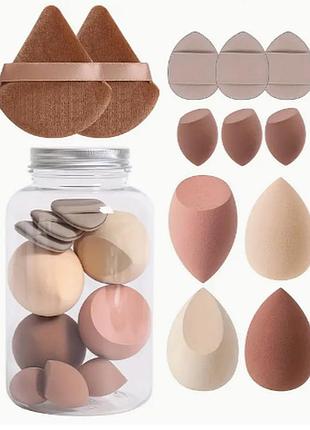 Професійний набір різних спонжів та пухівок для макіяжу у боксі бьюті блендер puffy 12 шт., кофе з молоком
