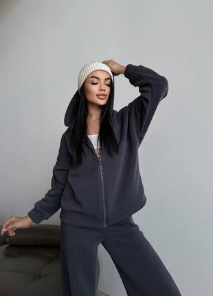 Спортивный костюм женский теплый на флисе флисовый базовый с капюшоном бежевый серый коричневый зимний на зиму утепленный на молнии