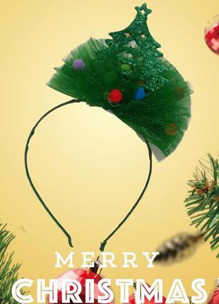 Обруч новорічний  ялинка з фатином на голову one size ручна робота зелений