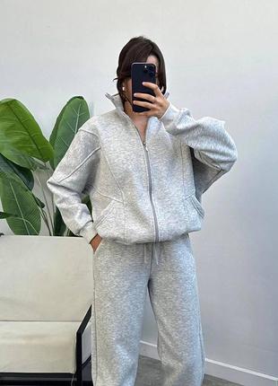Спортивный костюм женский теплый на флисе флисовый базовый с капюшоном серый розовый голубой зимний на зиму утепленный на молнии
