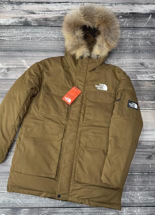 Зимняя мужская куртка парка горчичного цвета с мехом the north face