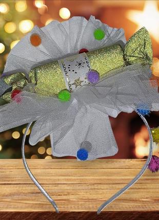 Обруч для волосся цукерка з блискітками новорічна з фатином one size різнобарвний