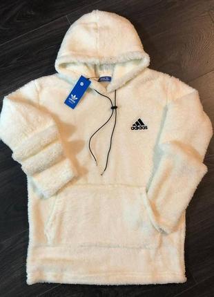 Чоловічий плюшевий білий худі adidas модна оверсайз толстовка адідас для хлопця