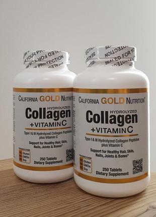 California gold nutrition, пептиды гидролизованного коллагена типов 1 и 3, 250 плюс витамин с, 250 таблеток