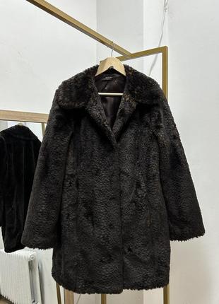 Шуба шоколадная теплая зимняя женская искусственная s-m