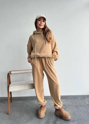 Теплый двусторонний флисовый костюм двойка с капюшоном, женский чпортивный костюм оверсайз из флиса на осень зиму, костюм флиска женский, 596