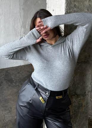 Лонгслів жіночий базовий ангоровий, з капюшоном, з розрізом під палець, плюс сайз, батал, сірий