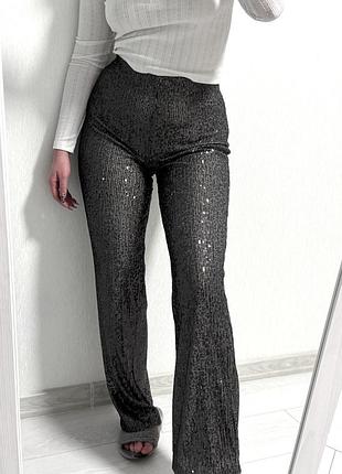 Брюки в пайетки h&m / серебряные брюки палаццо с пайетками / пайетками / брюки с пайетками / блестящие брюки высокая посадка / размер хс - с )