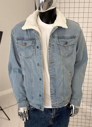 Чоловіча блакитна джинсова куртка на овчині модна чоловіча джинсовка відмінної якості
