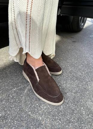 Лофери жіночі замшеві шоколадні на хутрі