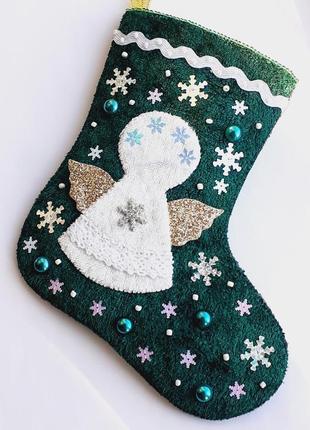 Різдвяний чобіток для подарунків, оксамитова новорічна шкарпетка з янголятком