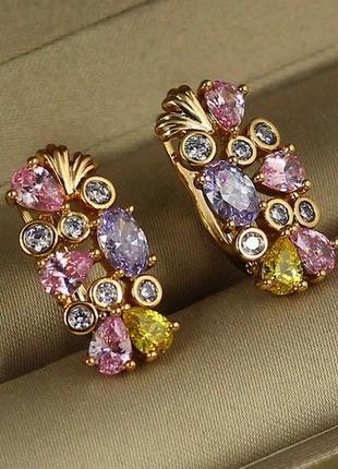 Серьги xuping jewelry рио с разноцветными камнями 2 см золотистые