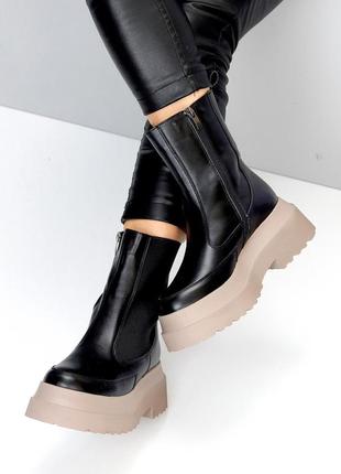 Ефектні шкіряні черевики челсі на потовщеній бежевій підошві сезон зима 22815