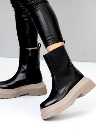 Ефектні шкіряні черевики челсі на потовщеній бежевій підошві сезон зима 22815