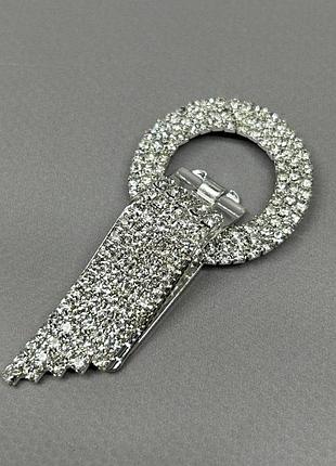 Шубная застежка-клипса 7см, ø 3,5см со стразами - светлое серебро (#18403)