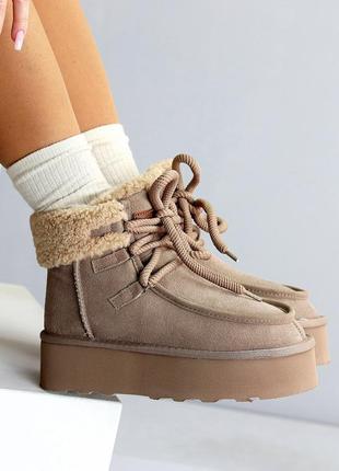 Бежевые теплые угги на шнуровке натуральная замша на утолщенной подошве 22903