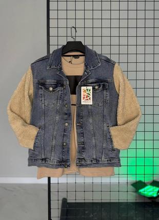 Чоловіча синя джинсова куртка з плюшевими рукавами модна чоловіча джинсовка відмінної якості