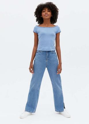 New look новий (з біркою) жіночий базовий синій топ в рубчик, блакитна укорочена футболка з вирізом на резинці, розмір xs/s/m