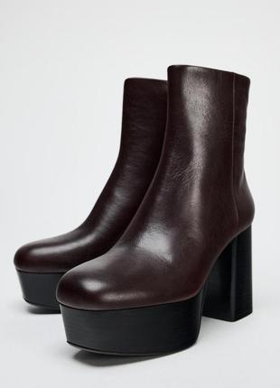 Кожаные женские бордовые ботинки на каблуке zara new