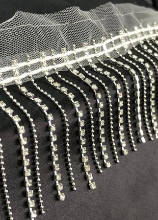 Тесьма-бахрома 6 см з металевого ланцюжка-кульки та страз - біла