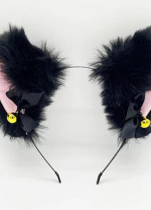 Ушки на ободке, пушистые ушки черные с колокольчиком аниме