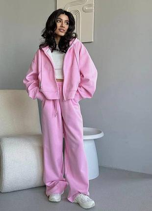 Женский теплый костюм на флисе в цвете барба, штаны палаццо и худи на замке с капюшоном