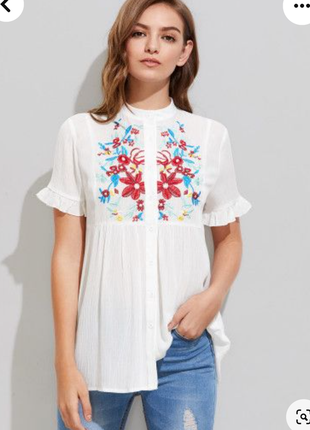 Шелковая блуза с вышивкой на кокетке 100% вискоза от shein. s-xl