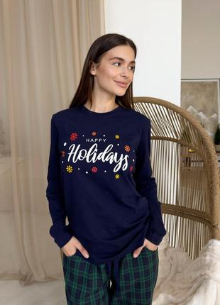 Пижама женская зелено-синяя в клетку happy holidays праздничная