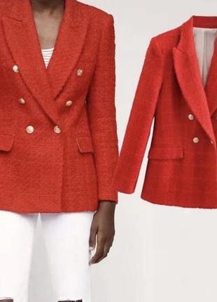 Zara люксовый твидовый блейзер пиджак жакет красный