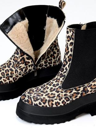 Ефектні леопардові черевики челсі зима натуральна шкіра шевро на потовщеній підошві