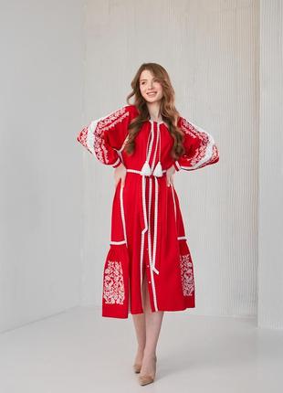 Вышитое женское платье "сокальское" красное7 фото