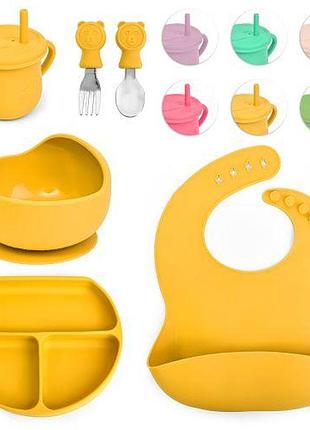 Посуд дитячий силіконовий 6пр/наб (виделка, ложка, чашка з соломинкою, слинявчик, тарілки 2шт) stenson ma-4906