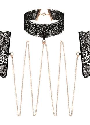 Мереживні наручники та комір rosy gold — lace cuffs and collar — black