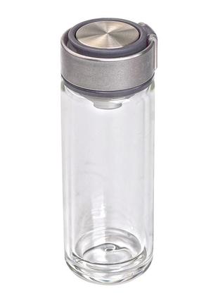 Термос скляний з подвійними стінками та ситечком 330 мл сірий