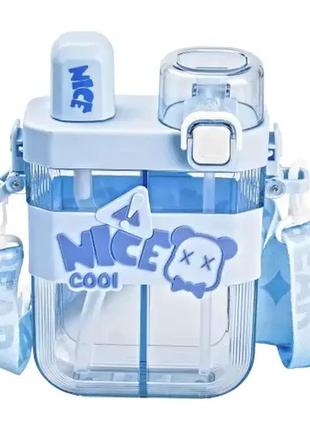 Пляшка для води подвійна nice 620 мл із трубочкою та мундштуком, блакитний, функціональна, стильна