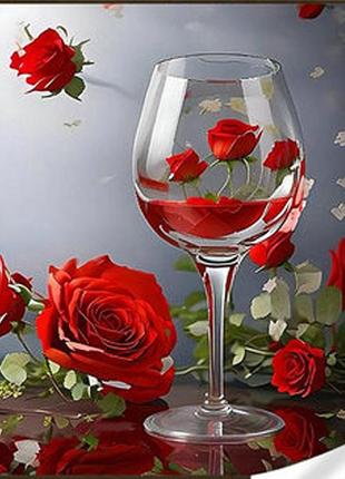 Діамантова вишивка. картина на підрамнику бокал в трояндах, розмір 40x30 см
