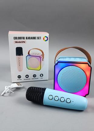 Дитяче караоке p8 колонка з мікрофоном синя bluetooth  з rgb підсвічуванням