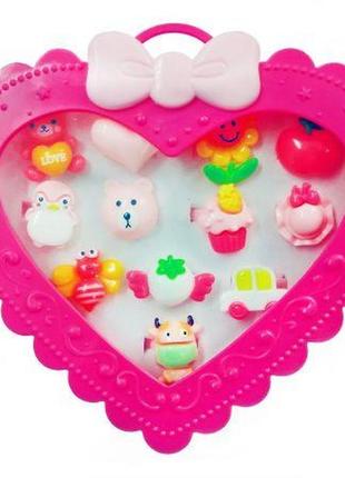 Набір дитячих каблучок "сердечко", 12 шт (малиновий)