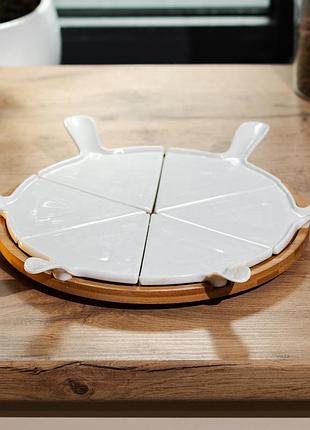 Тарілка для піци 28 см керамічна обертається, бамбукова основа