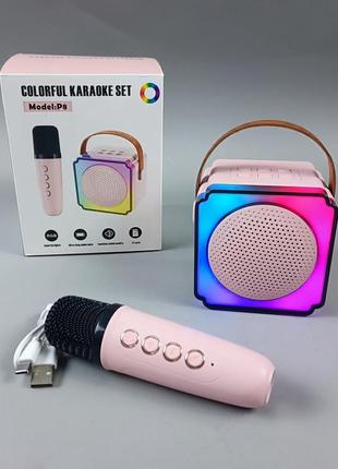 Дитяче караоке p8 колонка з мікрофоном рожева bluetooth  з rgb підсвічуванням