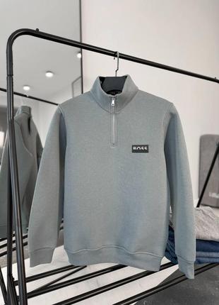 Чоловічий сірий флісовий світшот hugo boss теплий світшот хуго босс з високим коміром чудової якості