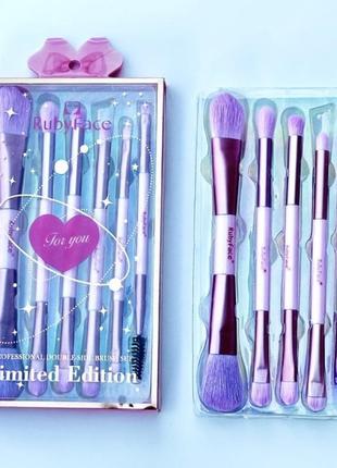 Набір двосторонніх пензлів для макіяжу ruby face бузковий, 6шт