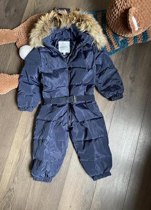 Синий сплошной зимний комбинезон в стиле moncler монклер комбез пуховый